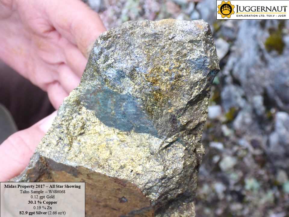 Mineralised grab sample from the Juggernaut Exploration Midas Property in British Columbia, Canada - 2017
